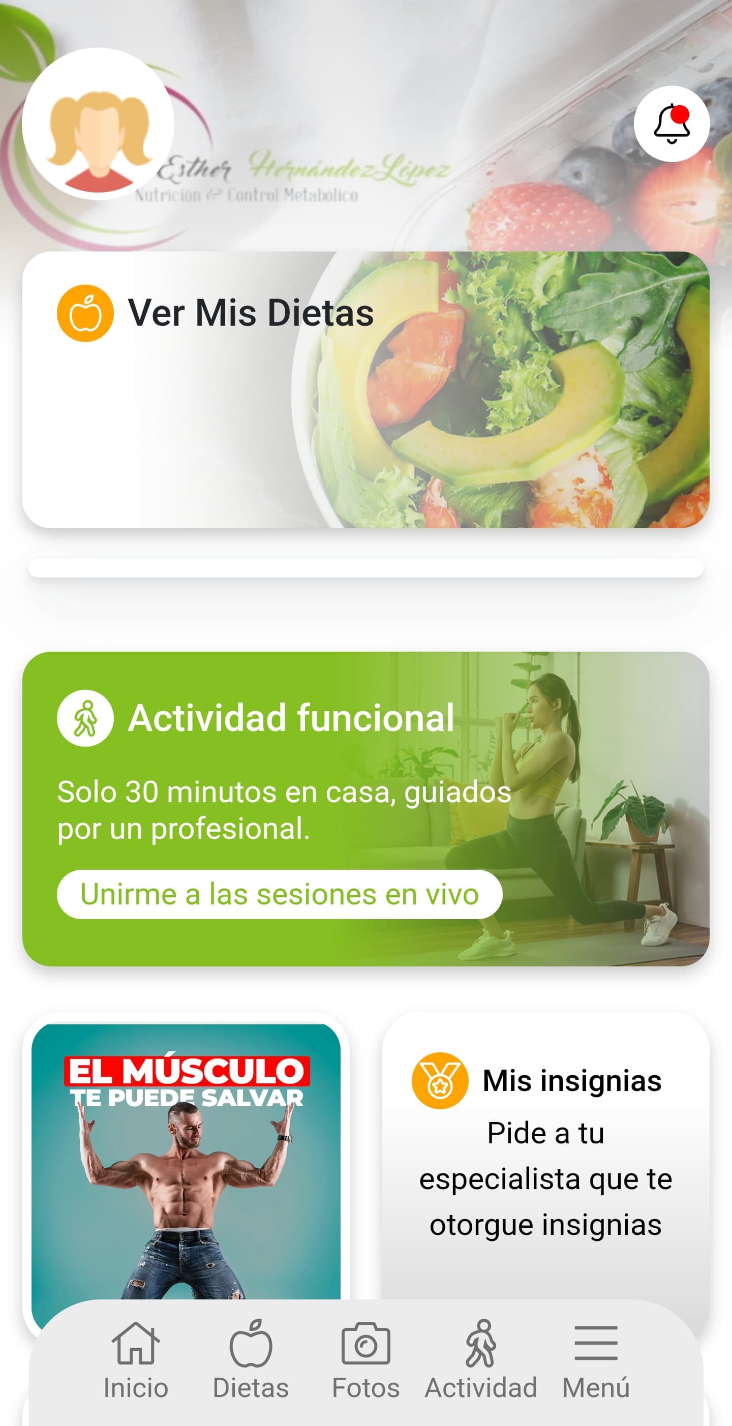 Vista del plan nutricional en NUTIMIND